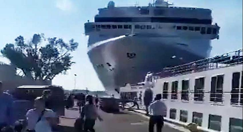 Dev cruise gemisi kontrolden çıktı! Bir gemiye ve limana çarptı