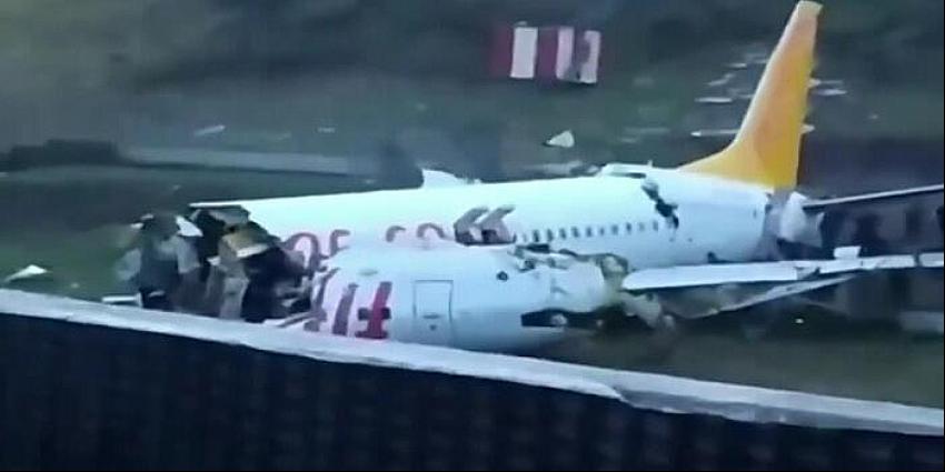 Sabiha Gökçen'de Pegasus uçağı pistten çıkıp ikiye bölündü